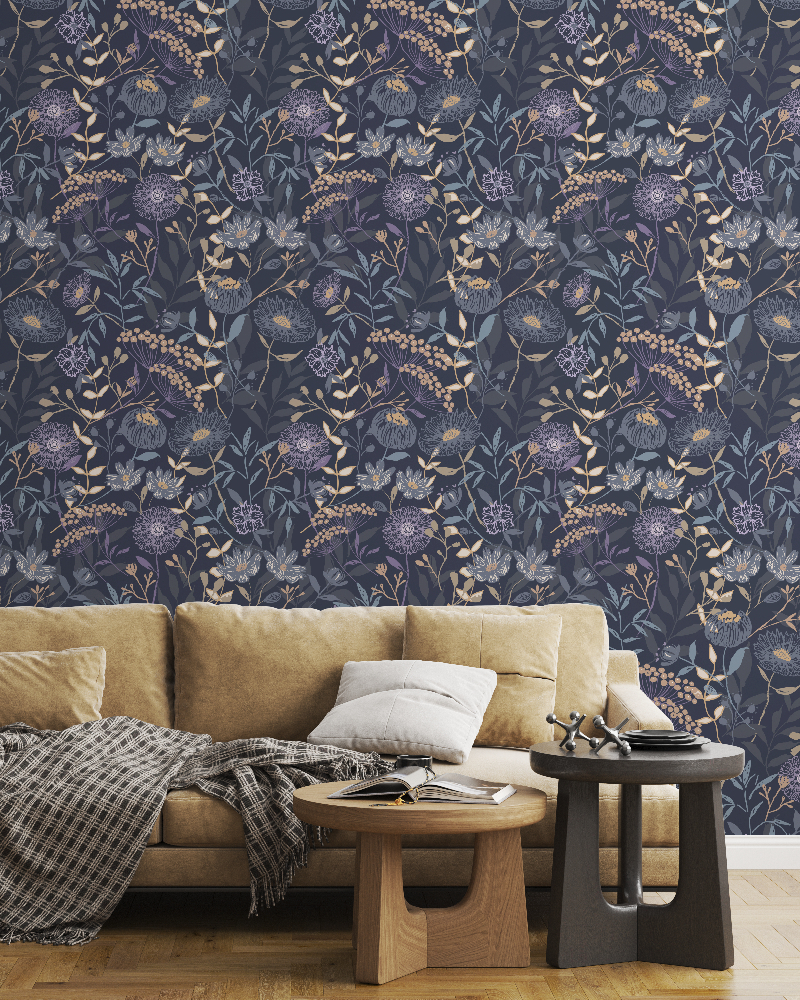 Atelier Botanique Dust Petals June Flowers floral wallpaper pattern featured in a elegant dark living room interior