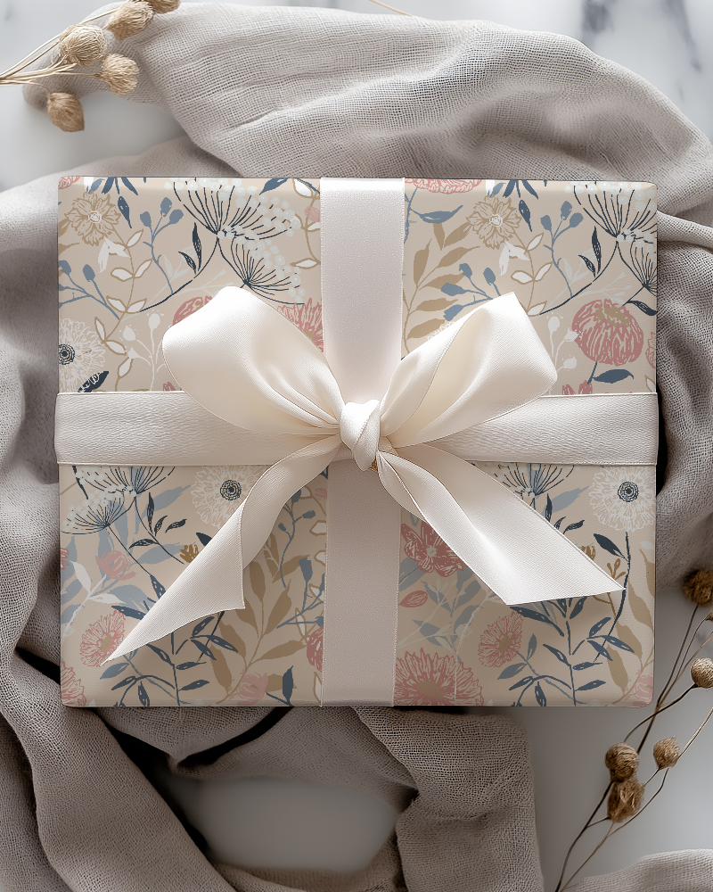 Atelier Botanique English Meadow June FLowers pattern on a wrap paper with muted blue and soft pink floral design