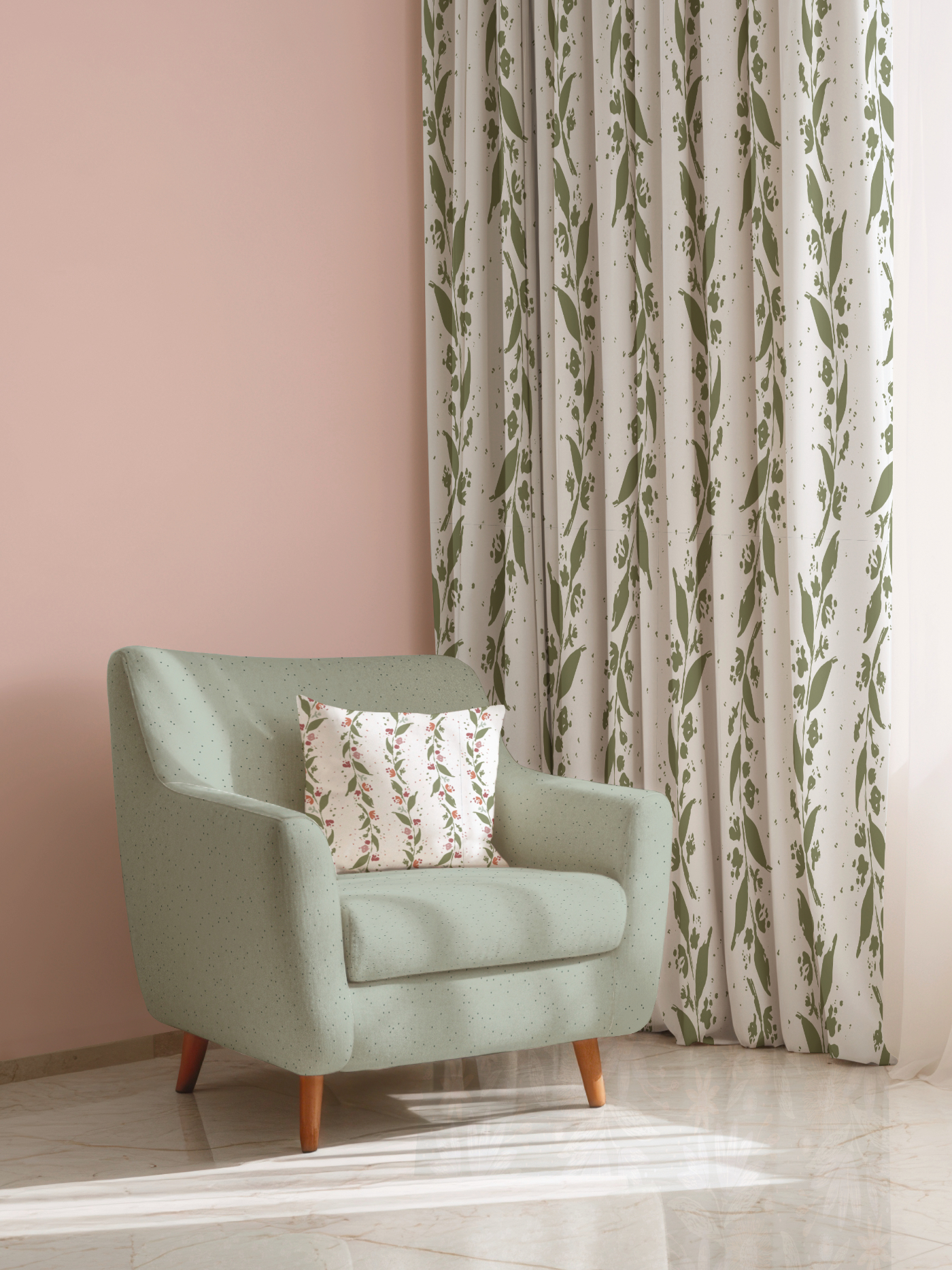 Atelier Botanique Vintage Bloom Wandering Stems pattern on an armchair cushion and curtains by Moonsoon Patterns
