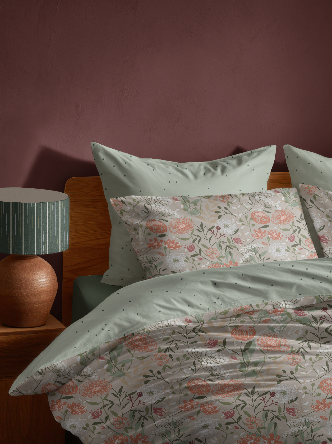 Atelier Botanique Vintage Bloom floral pattern styled in a bedroom interior by Moonsoon Patterns