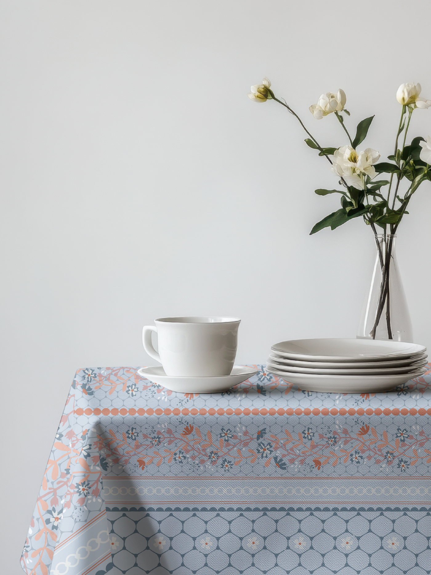 Atelier Botanique Vintage Bloom Garland Stripes pattern styled on a tablecloth by Moonsoon Patterns