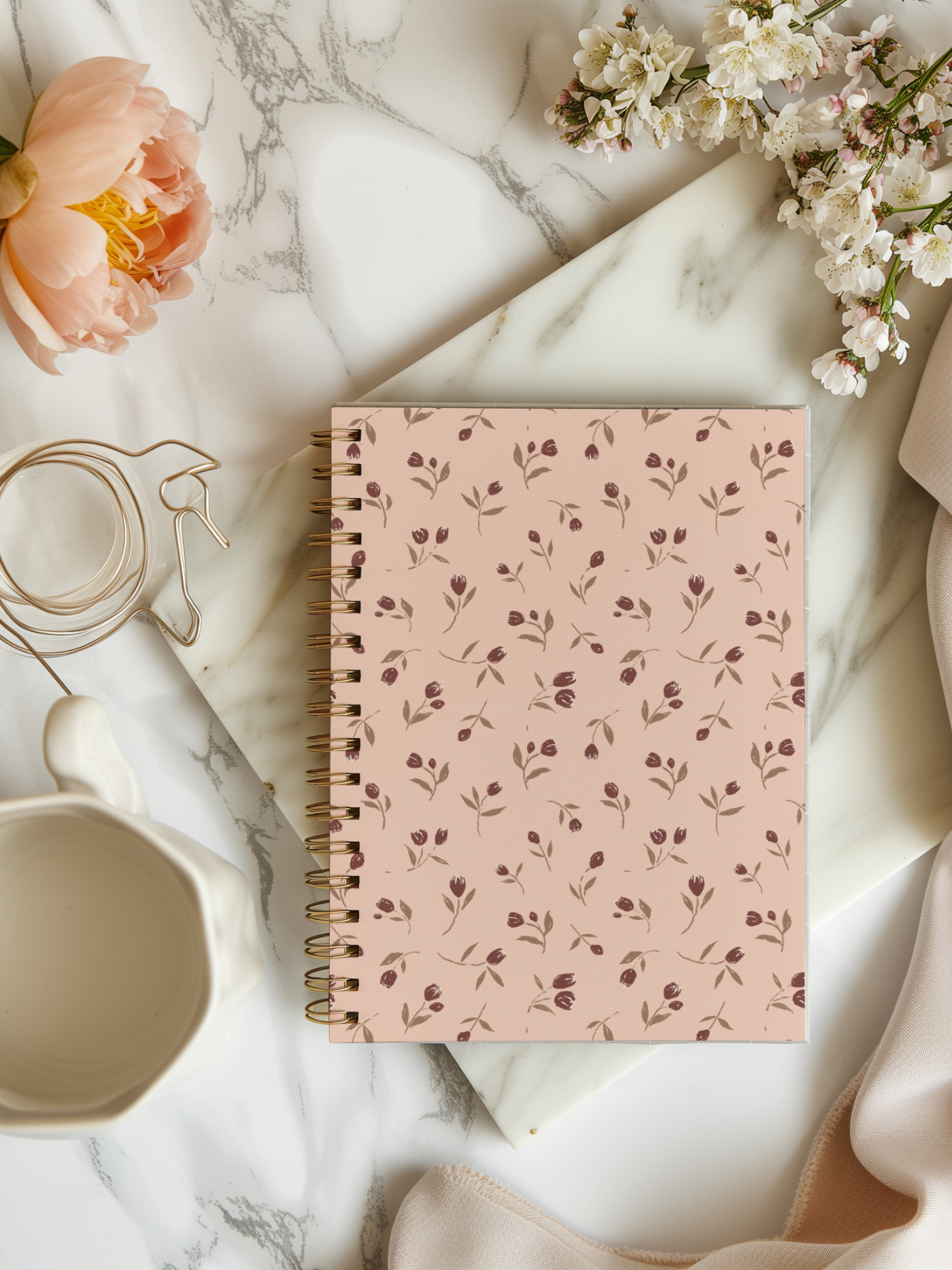 Wild Tulips botanical pattern on a notebook from the Atelier Botanique Vintage Bloom collection by Moonsoon Patterns