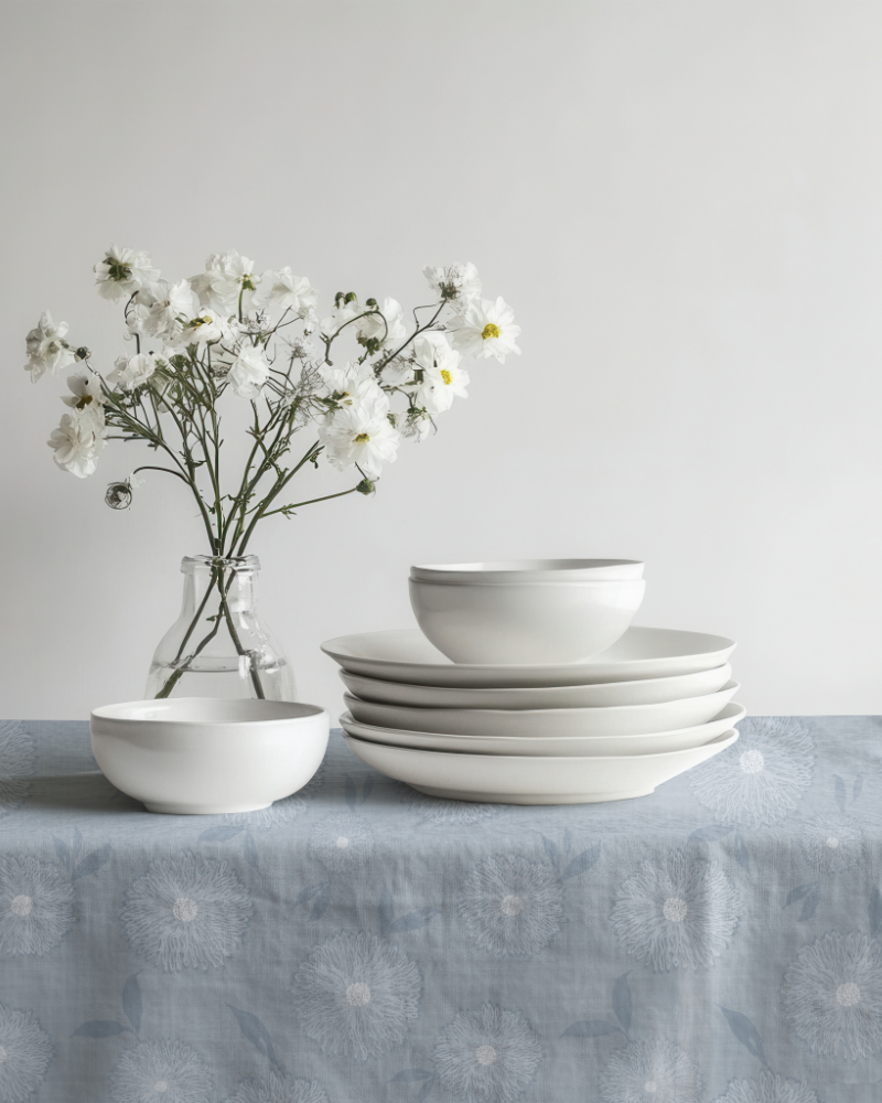 White ceramic dishes displayed on a table covered with the Dahlia Fields floral pattern from the Botanical Reverie collection in the Heritage Garden colorway, featuring delicate pale blue flowers and foliage.