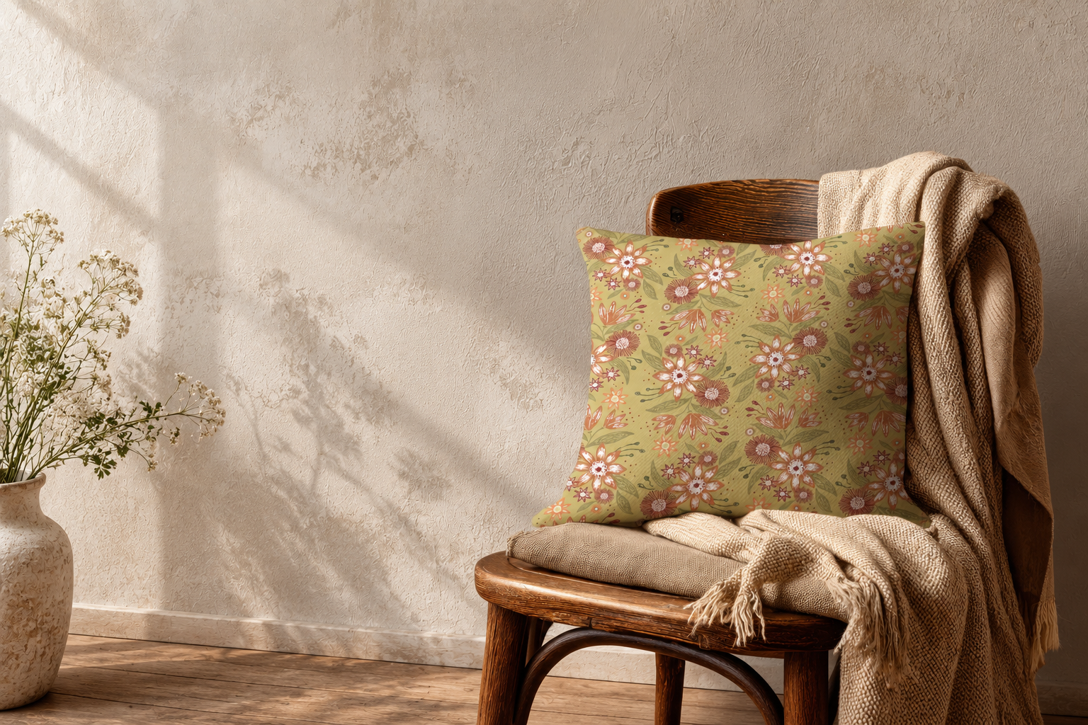 Heritage Garden hand-painted floral pattern on a sage green throw pillow, styled on a rustic wooden chair with a beige woven blanket in a warm, natural interior.