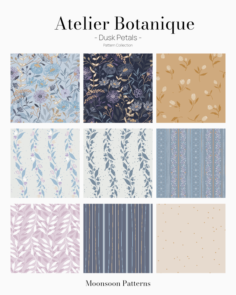 Atelier Botanique Dusk Petals pattern collection featuring nine botanical designs in blue, lavender, navy and warm neutral tones