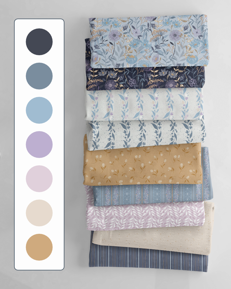 Atelier Botanique Dusk Petals colourway with cool blue, lavender, blush and neutral botanical fabric patterns