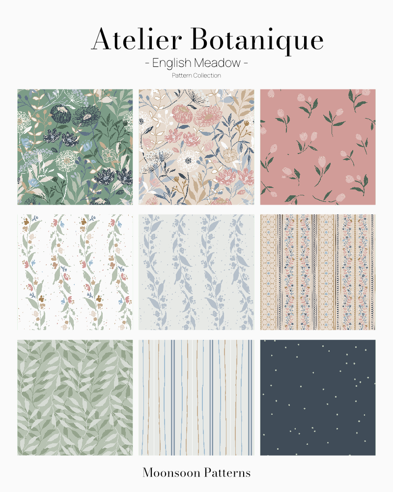 Atelier Botanique English Meadow pattern collection featuring nine botanical designs in sage green, blue, blush and cream
