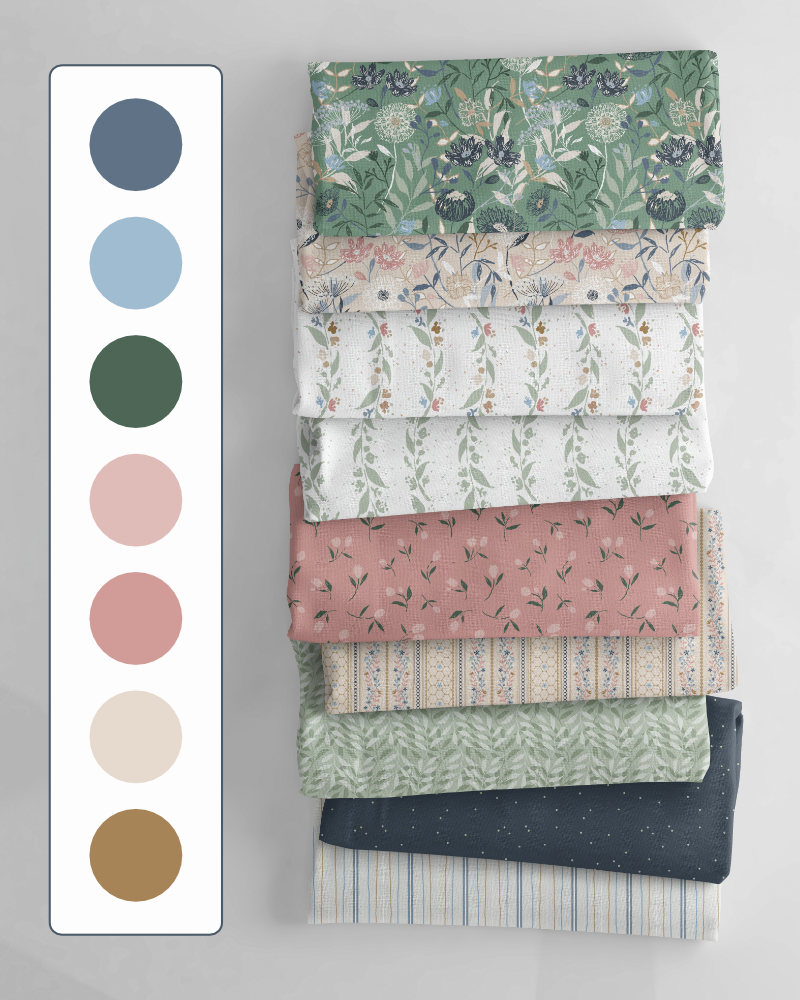 Atelier Botanique English Meadow colourway with warm pink, dusty blue, sage green and botanical fabric patterns