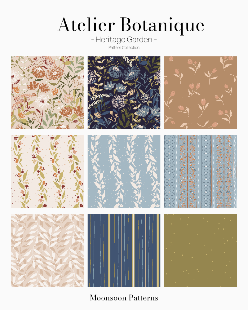 Atelier Botanique Heritage Garden pattern collection featuring nine botanical designs in navy, terracotta, blue, olive and warm neutral tones
