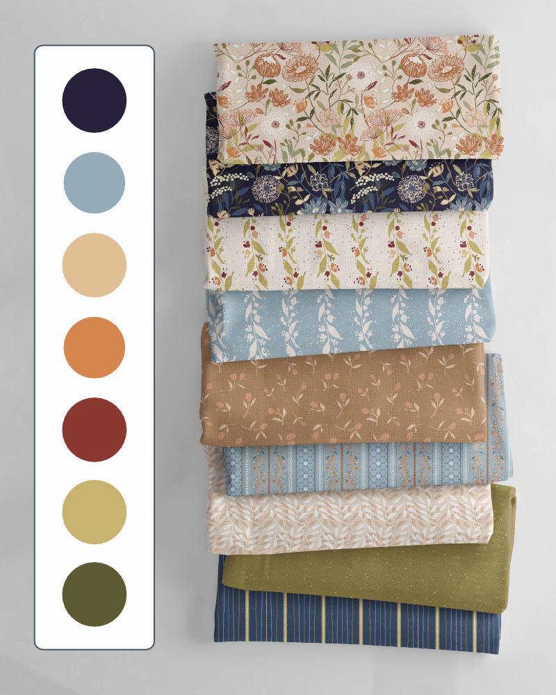 Floral Whisper Heritage Garden colourway with botanical fabric patterns in blue, green, terracotta and ochre tones