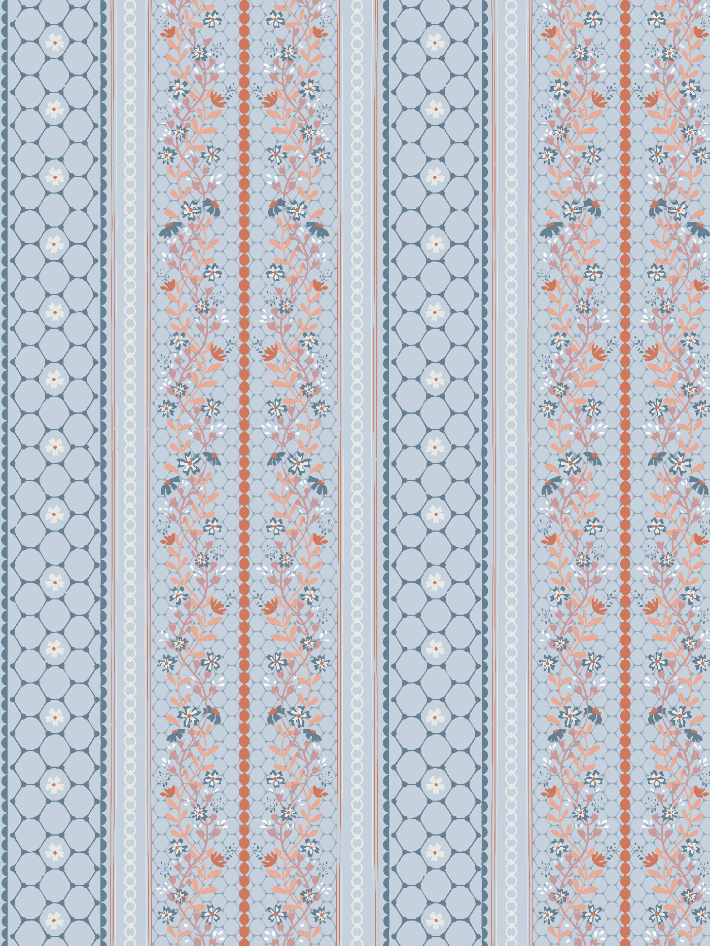 Garland Stripes floral border and stripe pattern from the Atelier Botanique Vintage Bloom collection by Moonsoon Patterns