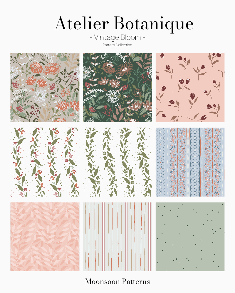 Atelier Botanique Vintage Bloom pattern collection featuring nine floral and botanical designs in sage green, coral, blush, blue and cream