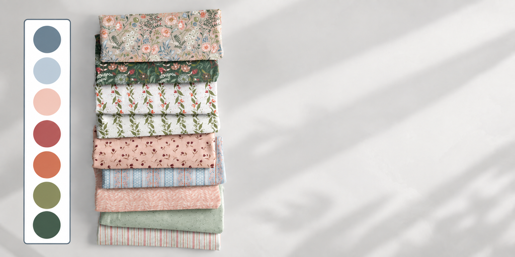 Atelier Botanique Vintage Bloom pattern collection with floral designs and a muted blue, coral, green and blush color palette