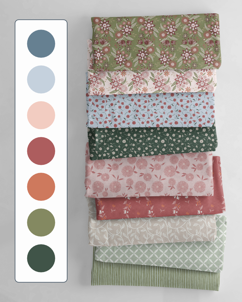 Botanical Reverie Vintage Bloom hand-painted pattern collection fabrics with floral designs and earthy botanical colors.