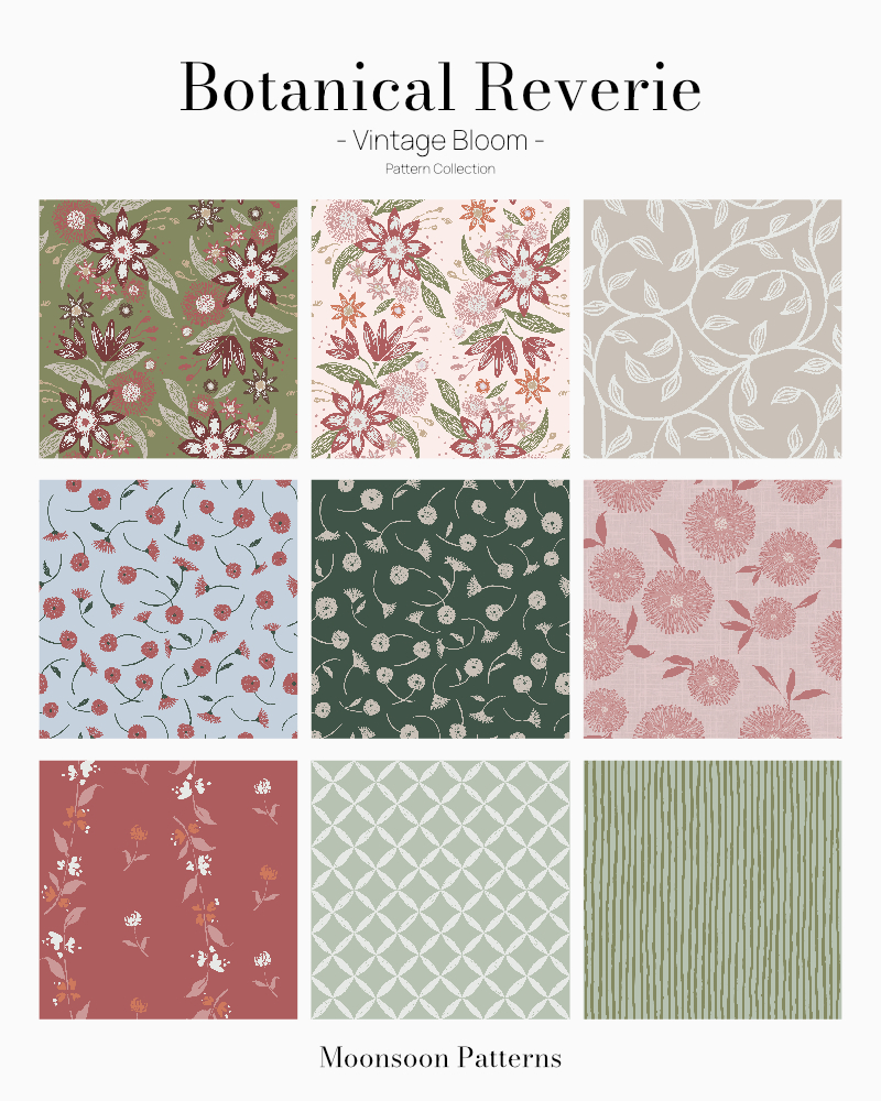 Botanical Reverie Vintage Bloom hand-painted floral and botanical patterns in a warm vintage-inspired color palette.