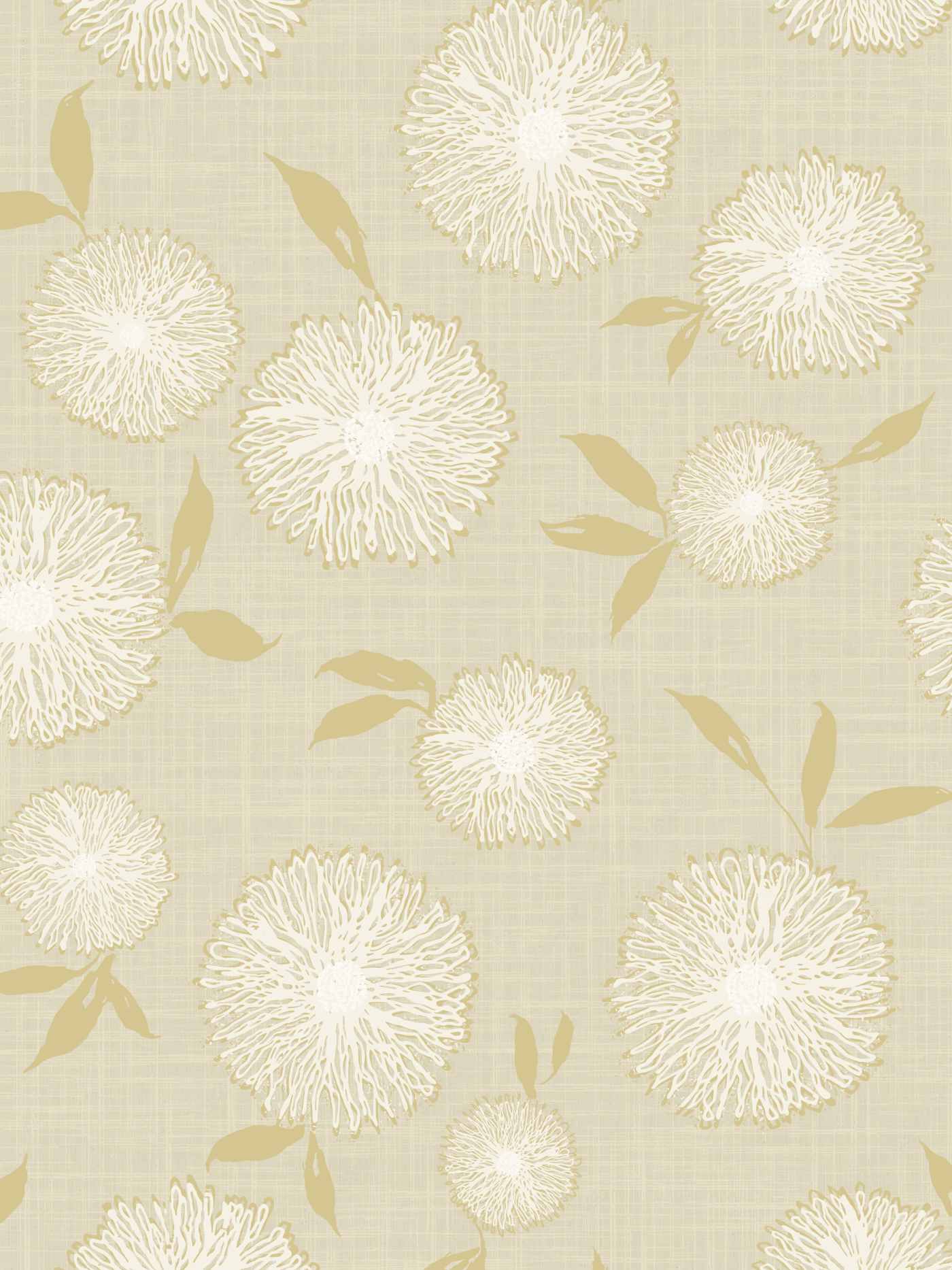 Dahlia Fields pattern featuring delicate cream dahlia-like flowers and muted golden foliage on a pale sage background with a subtle woven texture.