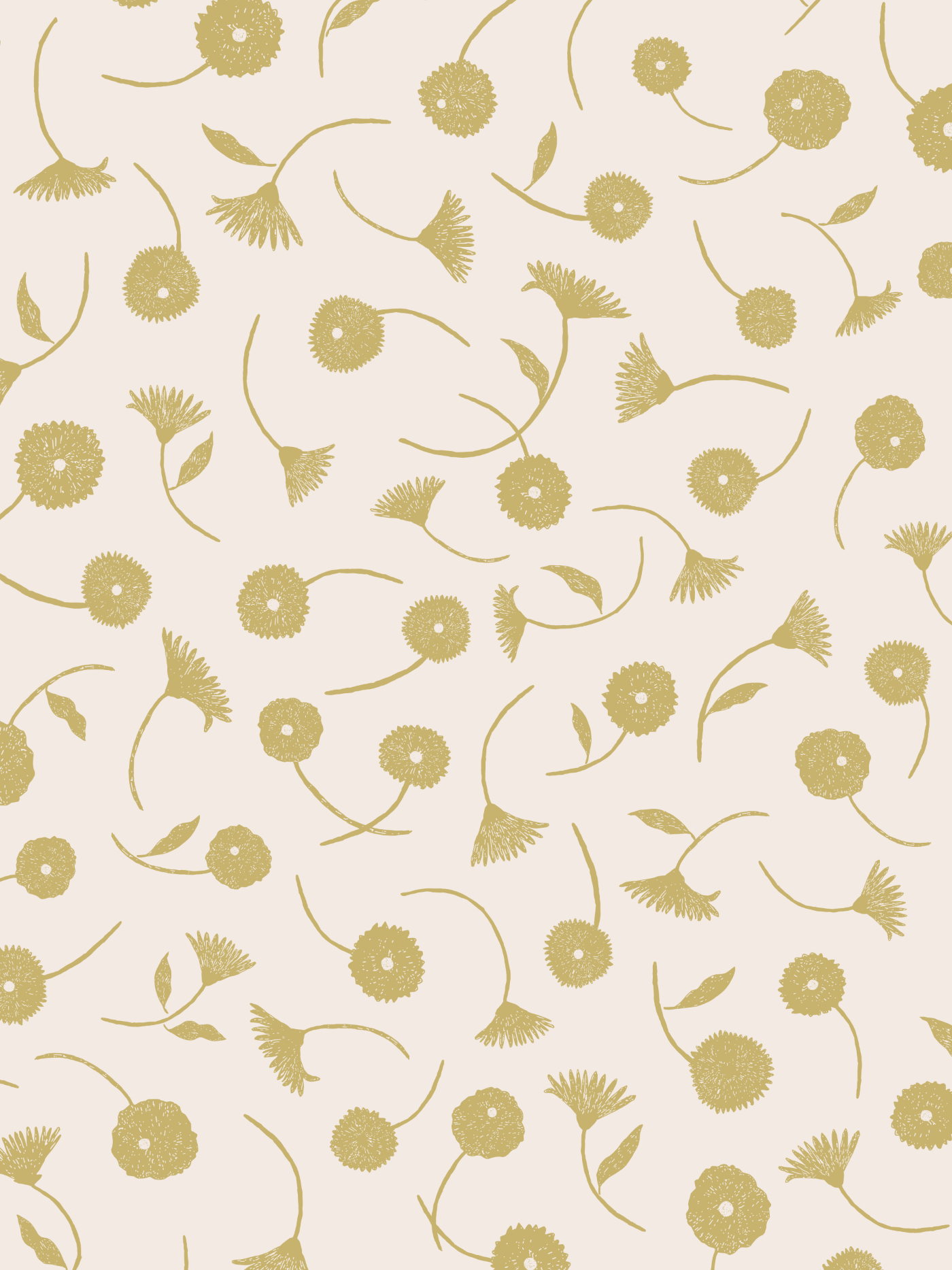 Dancing Blooms Tonal pattern featuring monochromatic golden flowers, curved stems and leaves on a soft ivory background.