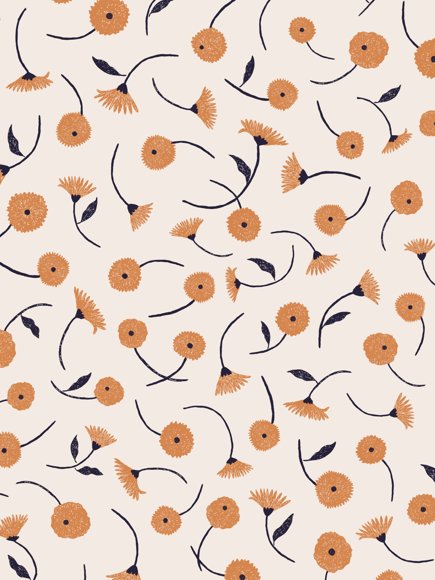 Dancing Blooms pattern featuring scattered hand-painted orange flowers with dark navy stems and leaves on a warm ivory background.