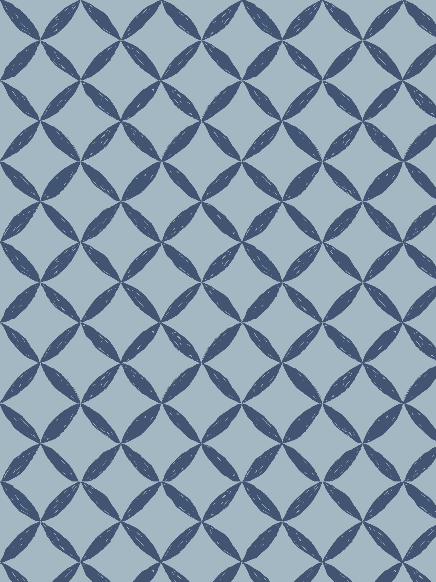 Diamonds & Petals pattern featuring an interlocking geometric lattice of hand-painted navy shapes on a muted blue background.