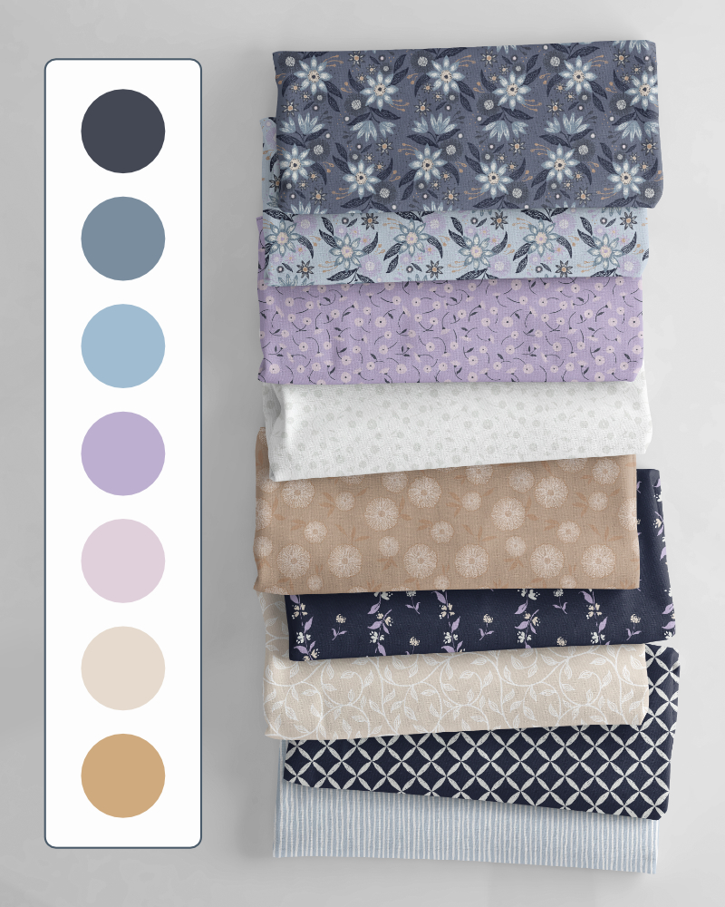 Atelier Botanique Dusk Petals colourway with cool blue, lavender, blush and neutral botanical fabric patterns