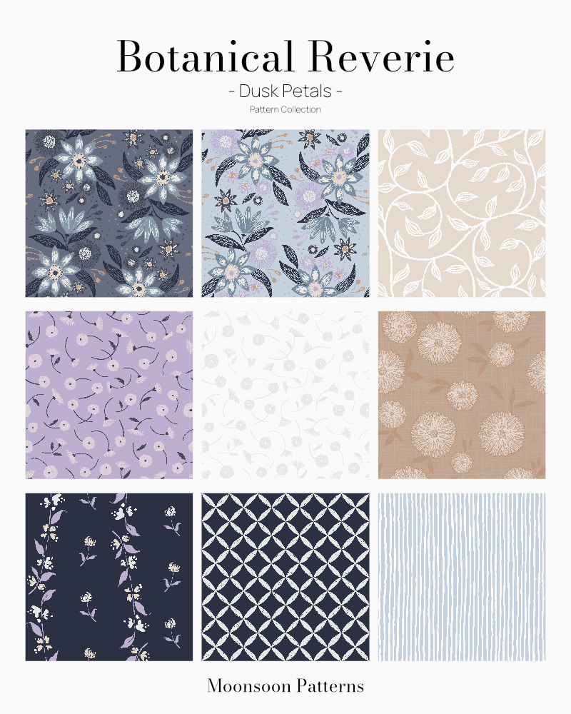 Botanical Reverie Dusk Petals hand-painted floral and botanical patterns in a soft, muted blue and lavender palette.