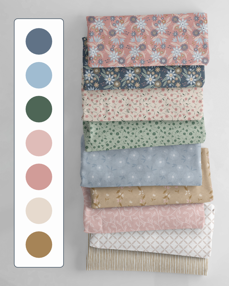 Atelier Botanique English Meadow colourway with warm pink, dusty blue, sage green and botanical fabric patterns
