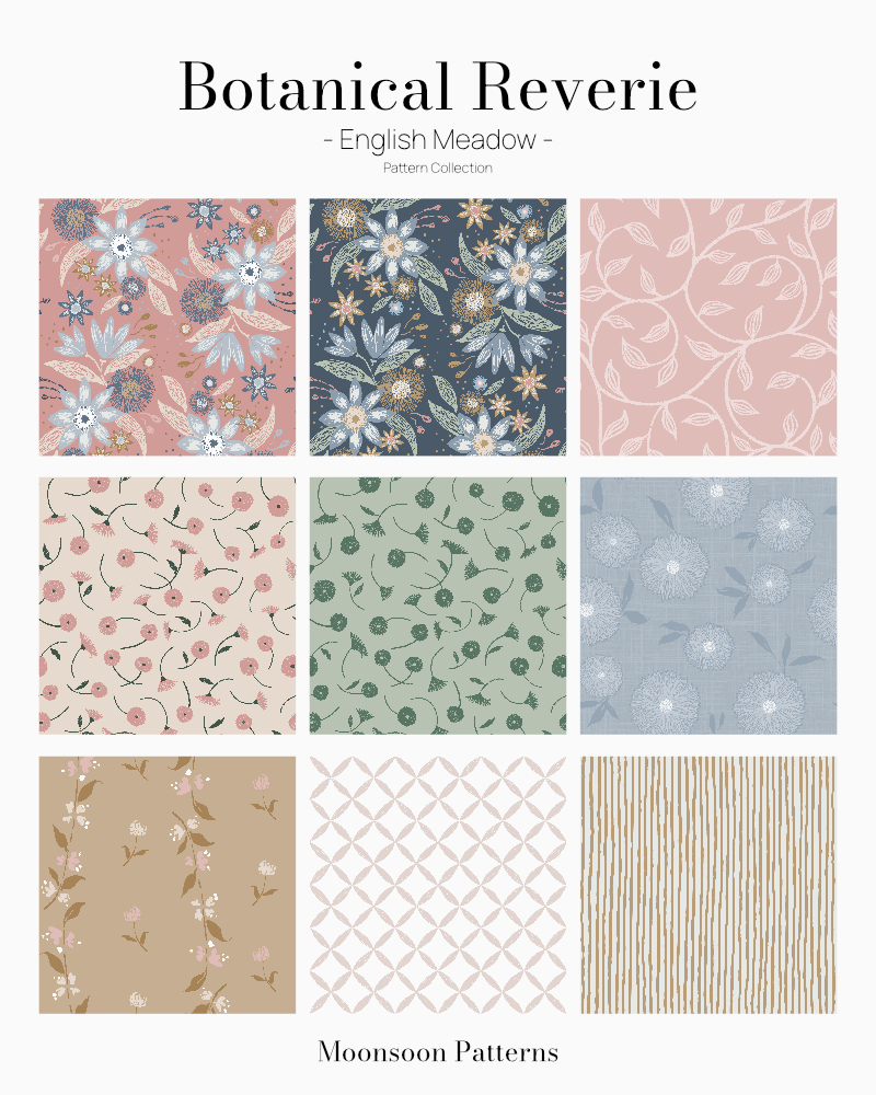 Botanical Reverie English Meadow hand-painted floral and botanical patterns in a soft garden-inspired color palette.
