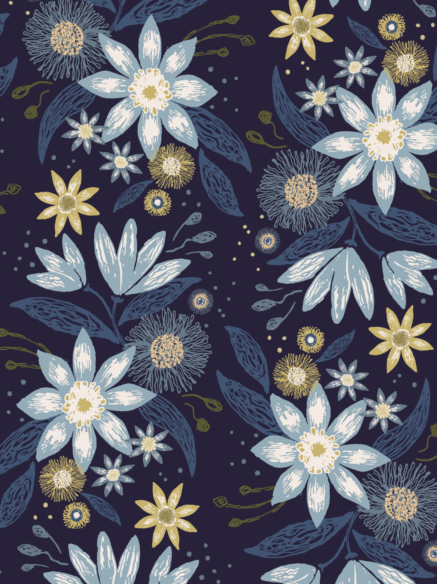 Garden Reverie pattern featuring hand-painted blue and ivory flowers with golden-yellow accents on a deep navy background.