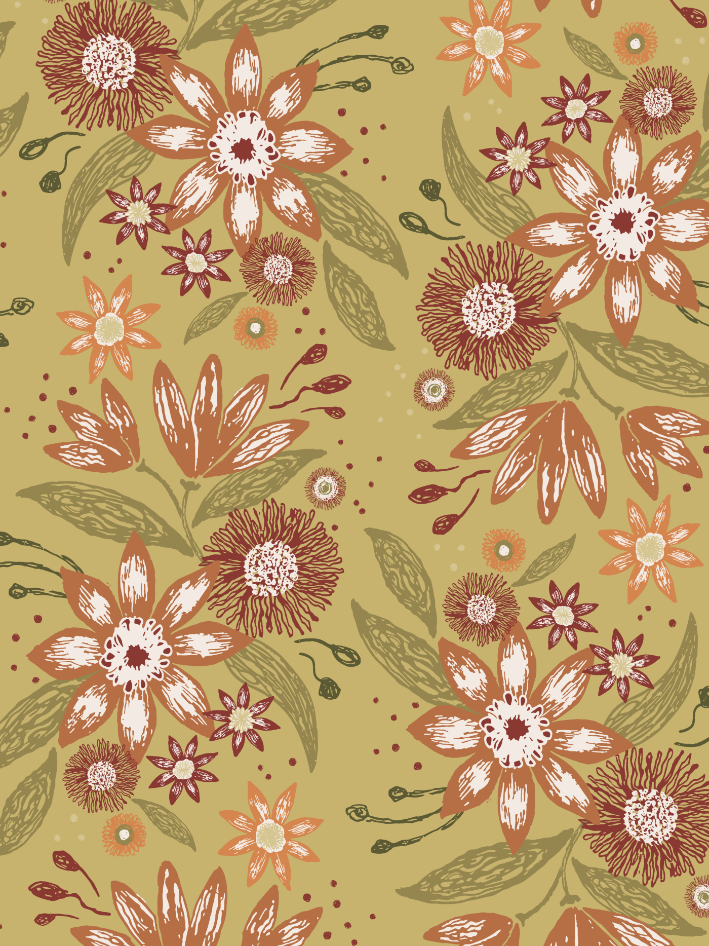 Garden Reverie pattern featuring hand-painted flowers in terracotta, rust, cream and burgundy on a warm olive background.