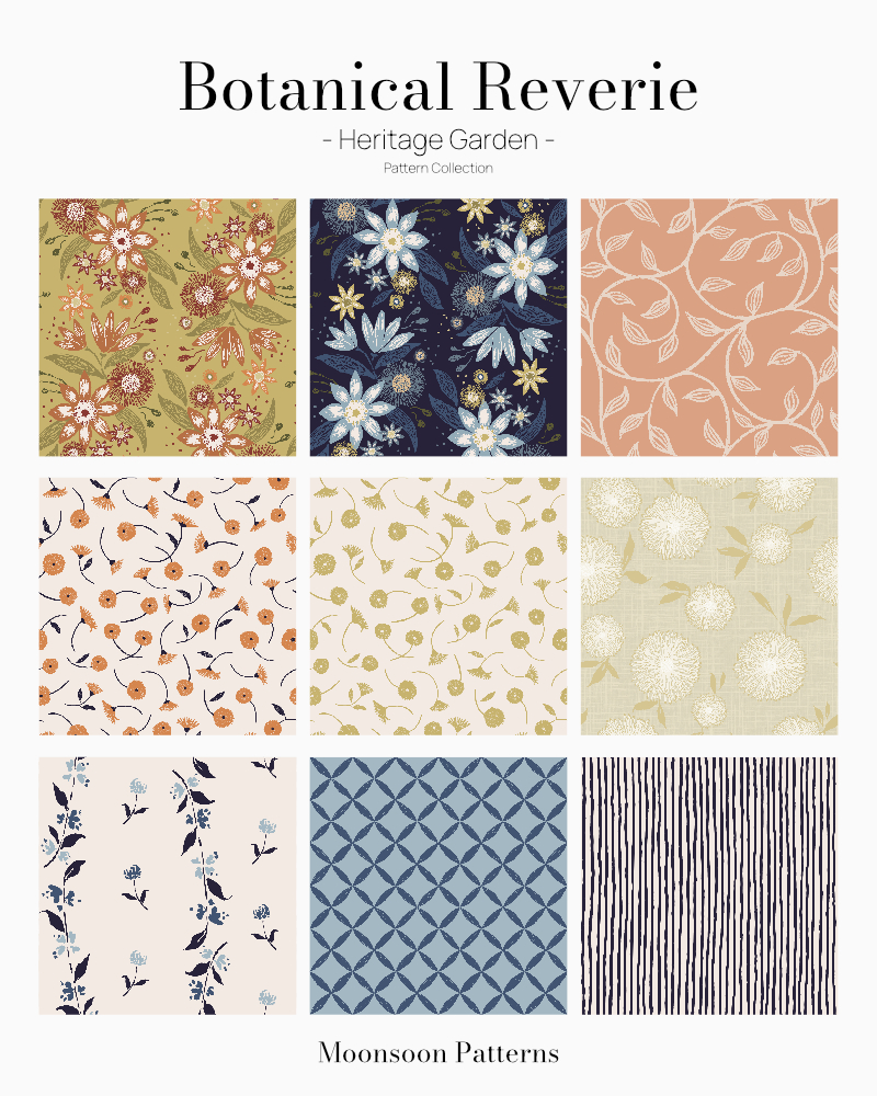 Botanical Reverie Heritage Garden hand-painted floral and botanical patterns in an earthy, nostalgic garden-inspired palette.