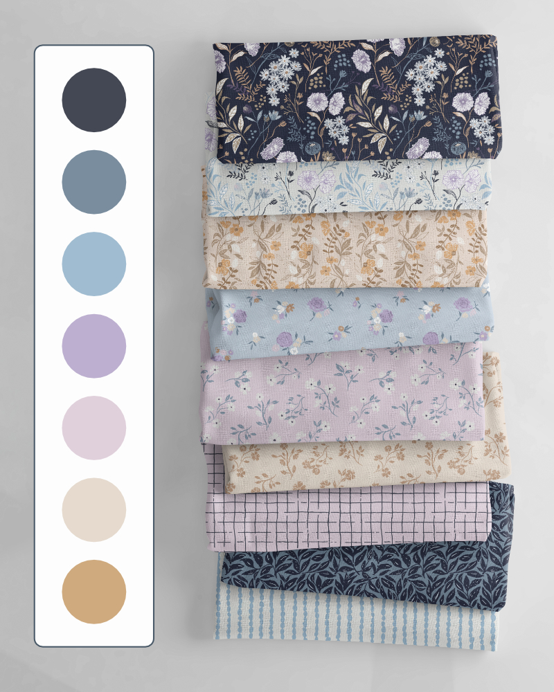 Floral Whisper Dusk Petals colourway with cool blue, lavender, blush and neutral botanical fabric patterns