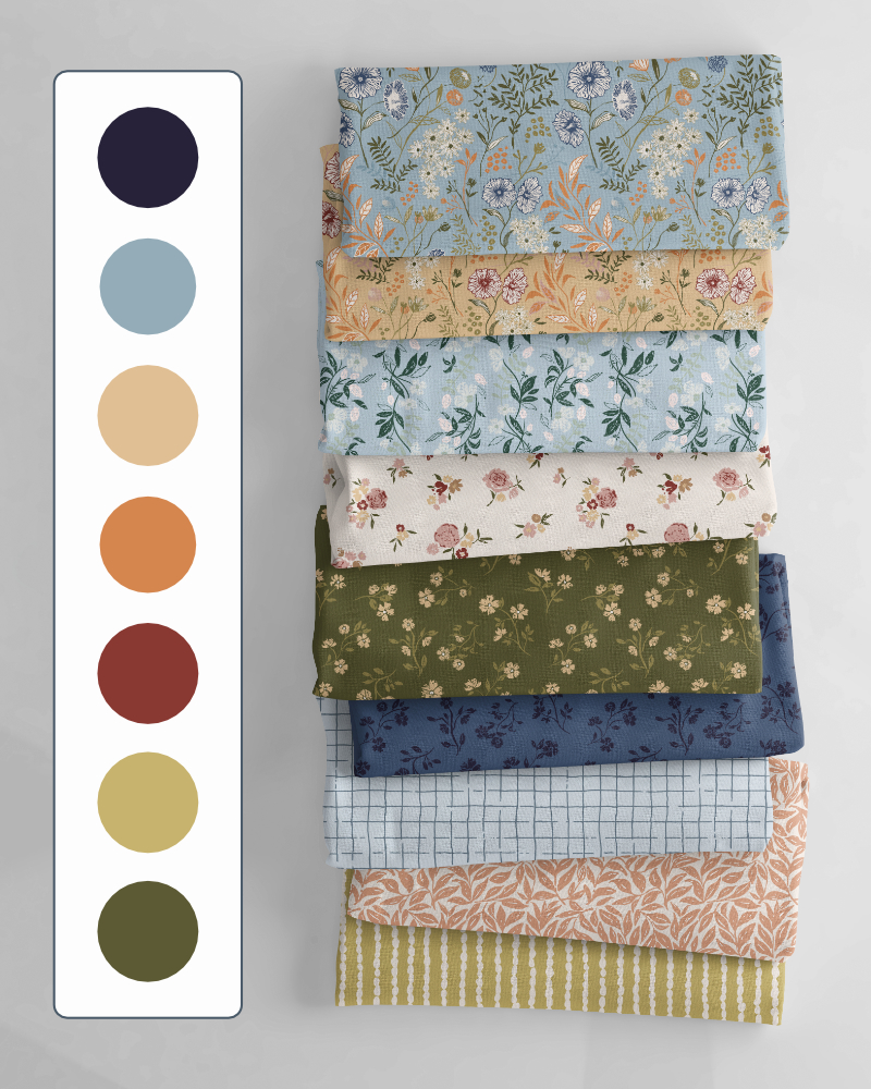 Floral Whisper Heritage Garden colourway with botanical fabric patterns in blue, green, terracotta and ochre tones