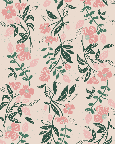 Hand-painted floral vine pattern in soft pink, green and cream