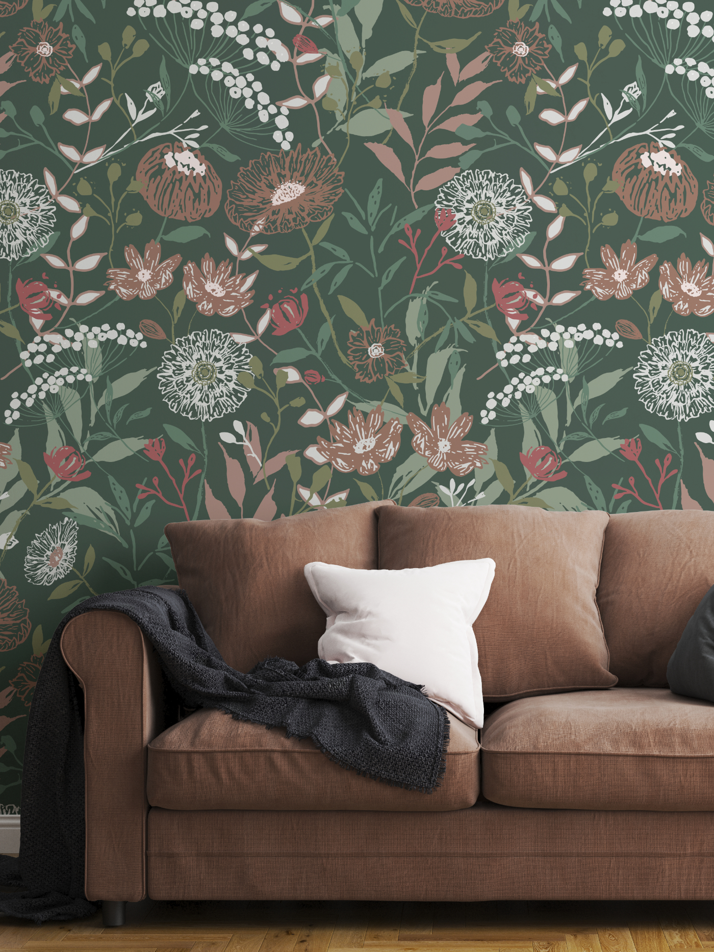Atelier Botanique Vintage Bloom floral wallpaper pattern featured in a warm living room interior