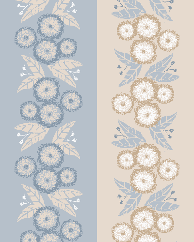 Hand-painted cascading floral pattern in blue, cream and beige