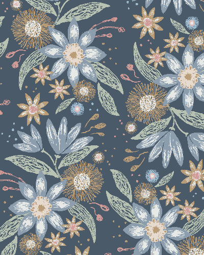Moody floral pattern with blue, cream and warm beige botanical flowers