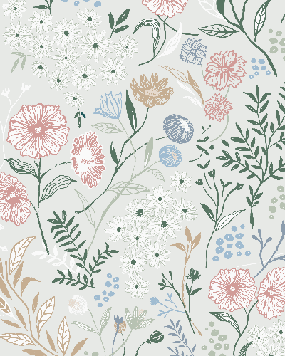 Hand-painted floral garden pattern with pink, blue, green and beige flowers