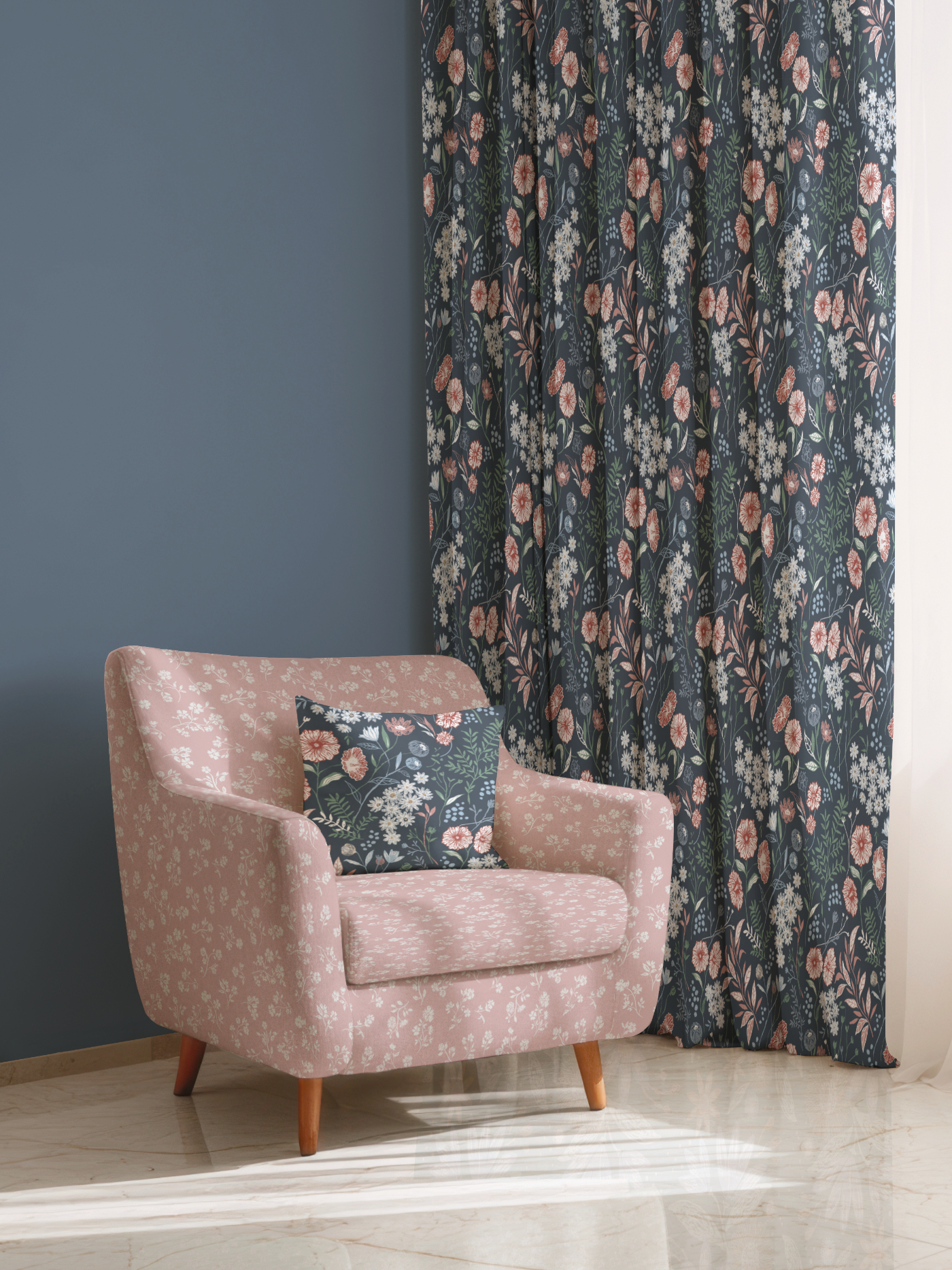 Floral Whisper botanical pattern on an upholstered armchair and curtain by Moonsoon Patterns