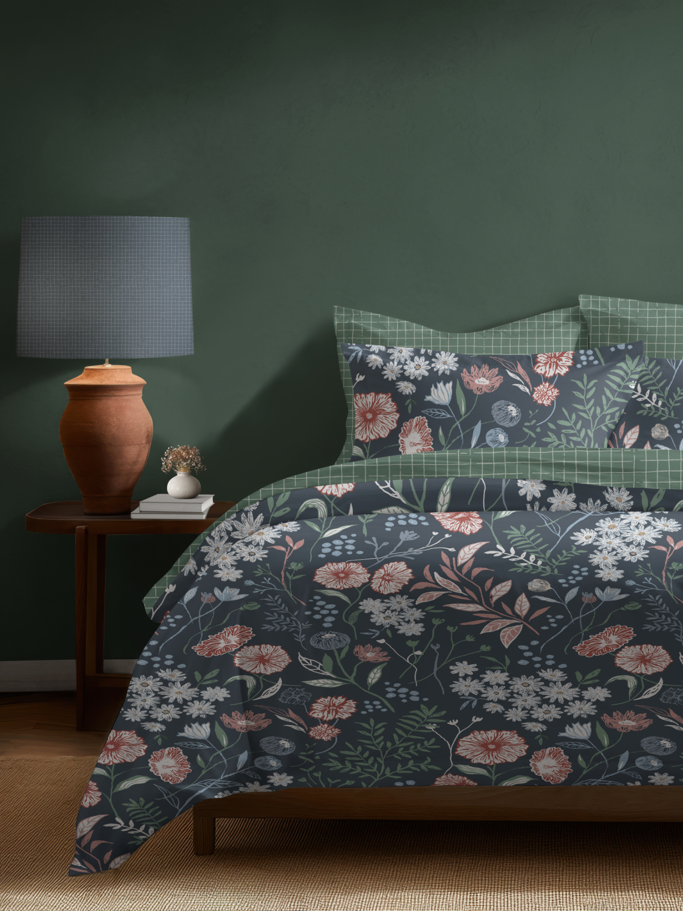 Quiet Bloom Floral Whisper botanical pattern styled in a bedroom interior by Moonsoon Patterns