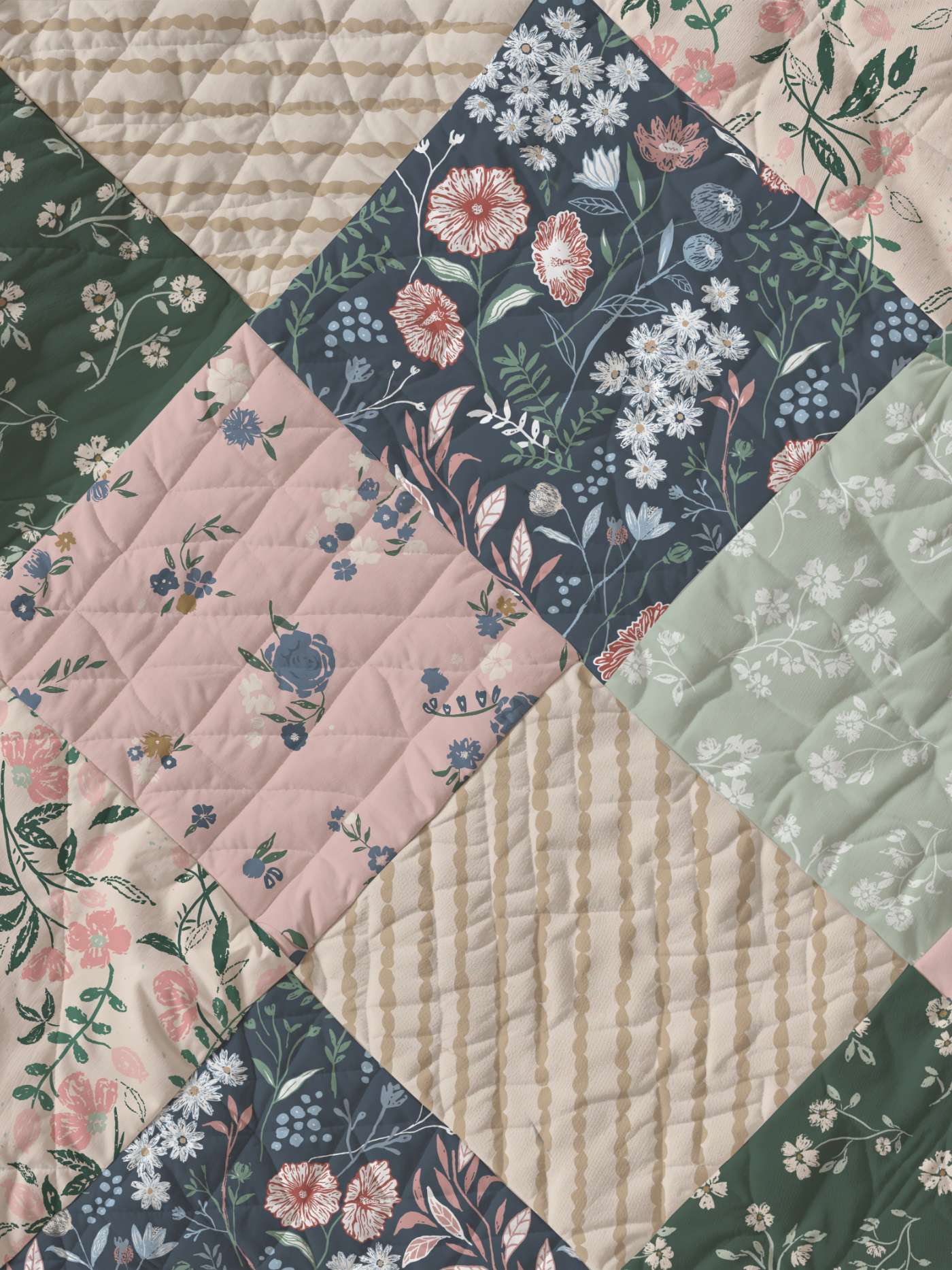 Quiet Bloom Floral Whisper botanical pattern on a quilt by Moonsoon Patterns
