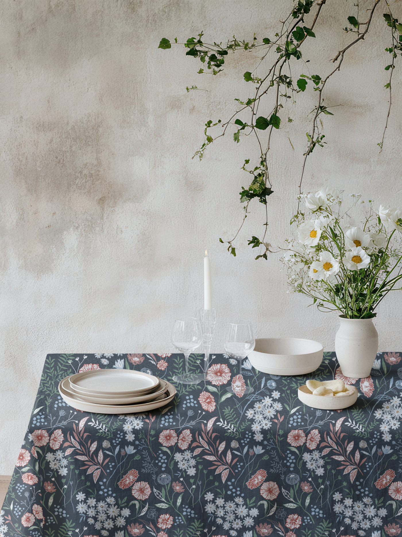 Floral Whisper botanical pattern on table linen in an elegant dining setting by Moonsoon Patterns