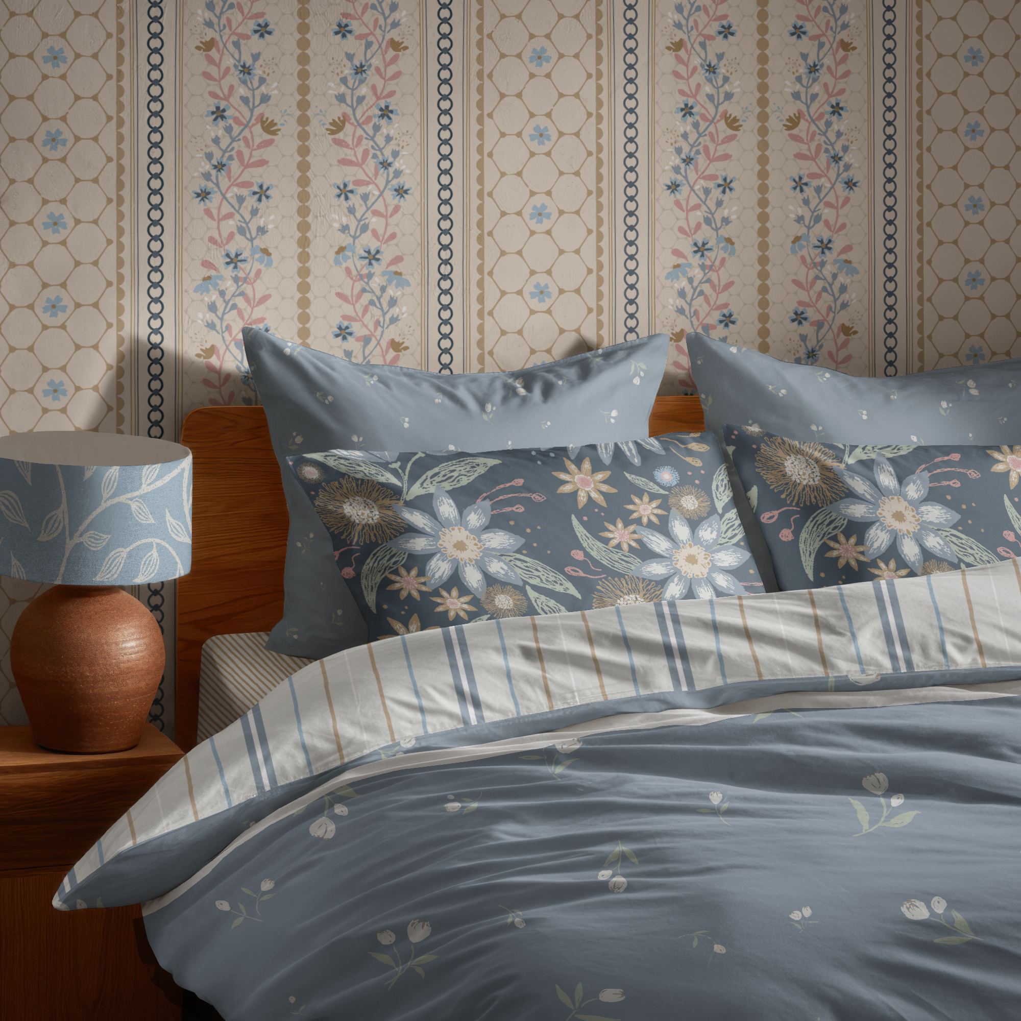 A soft blue pattern cotton bedding features a simple style and a pure cotton texture as smooth as porcelain. The entire product is presented in a full view against a beige pattern background wall, exuding a high-end feel. It is of superior quality, with ultra-high-definition details, real shooting, professional studio lighting, precise focusing, and accurate details.