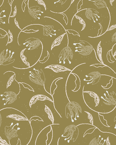 Botanical floral pattern with delicate twining flowers on an olive background